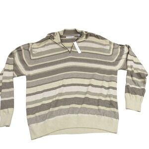 Alex Cannon Mens XXL Striped Quarter Zip Sweater Tan Beige Brown 100% Cotton NEW